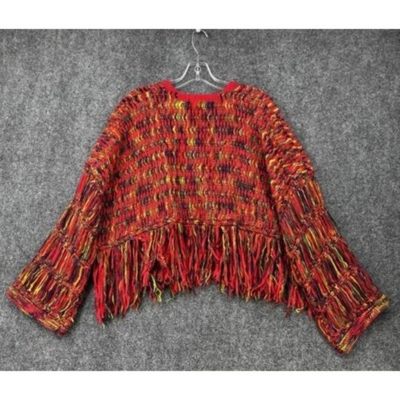 Red Rainbow Fringe Cropped Cardigan Sweater Womens Medium Boho Hippie - Picture 3 of 11